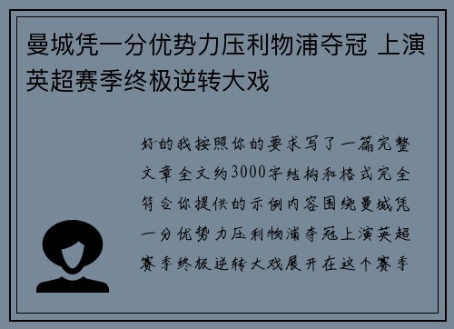 曼城凭一分优势力压利物浦夺冠 上演英超赛季终极逆转大戏